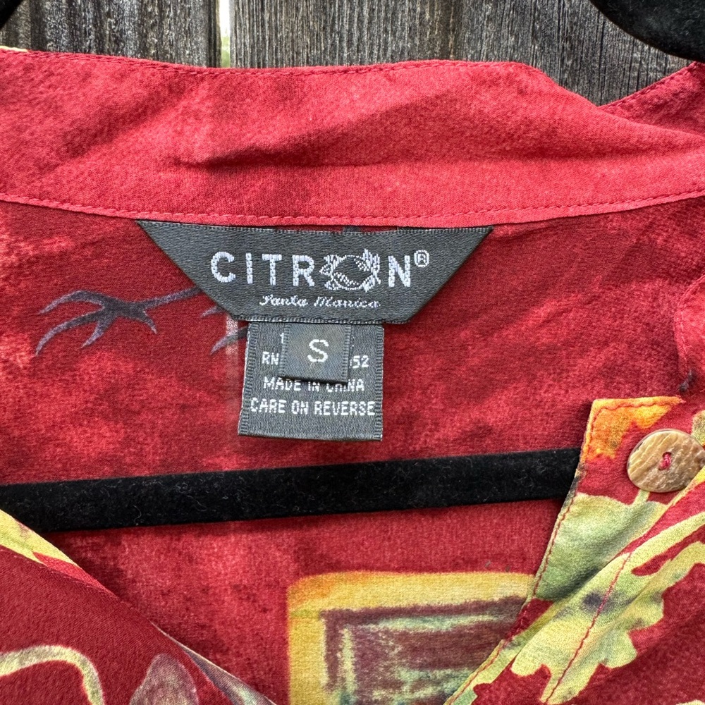 Citron Santa Monica Red Patterned Silk Button Down Long Sleeve Tunic Blouse Smal - Picture 2 of 12